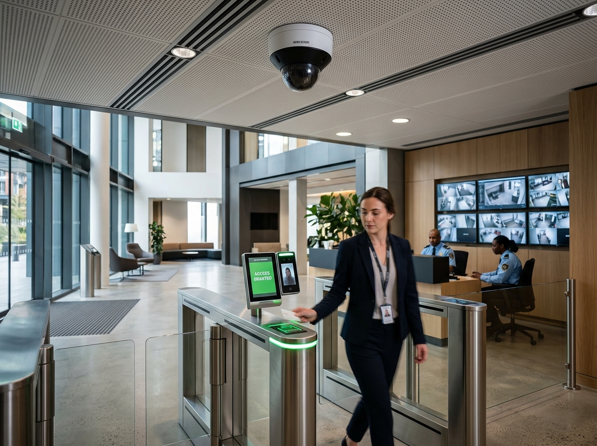 Câmera dome de CFTV IP e catracas de controle de acesso biométrico e RFID em recepção corporativa
