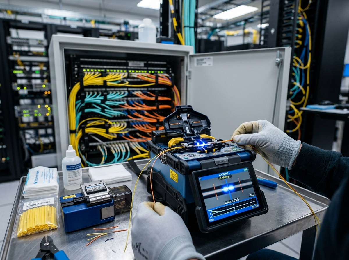 Máquina de fusão de fibra óptica automatizada com alinhamento pelo núcleo em data center