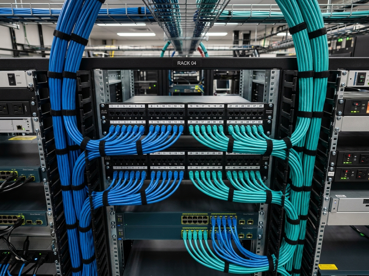 Conectorização minuciosa e organização técnica de patch panels CAT.6A pela Vertech